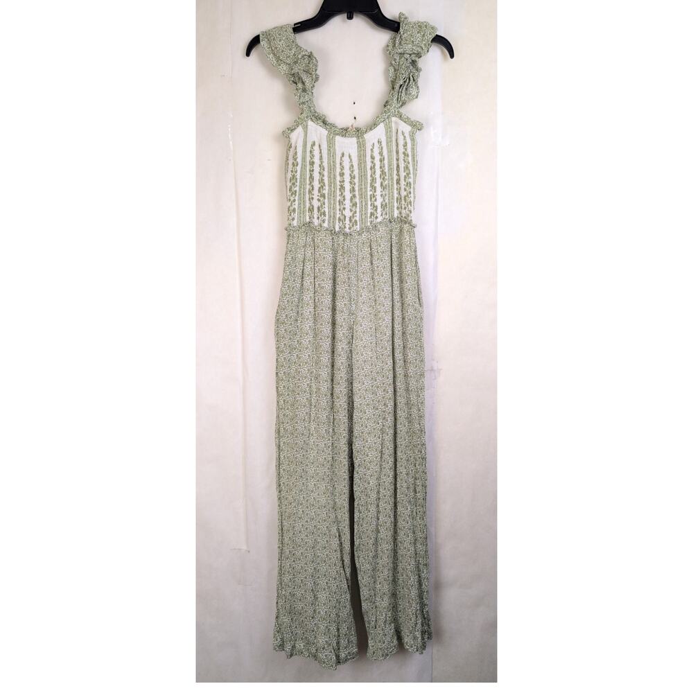 Sim & Sam green mixed print floral smocked crinkle jumpsuit Size S Boho Dainty